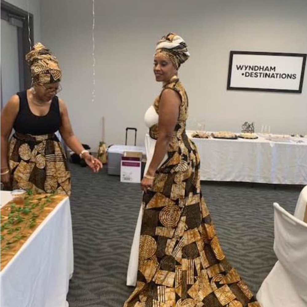 Off-White Mermaid Gown with Afrocentric Vested-Train & Headwrap